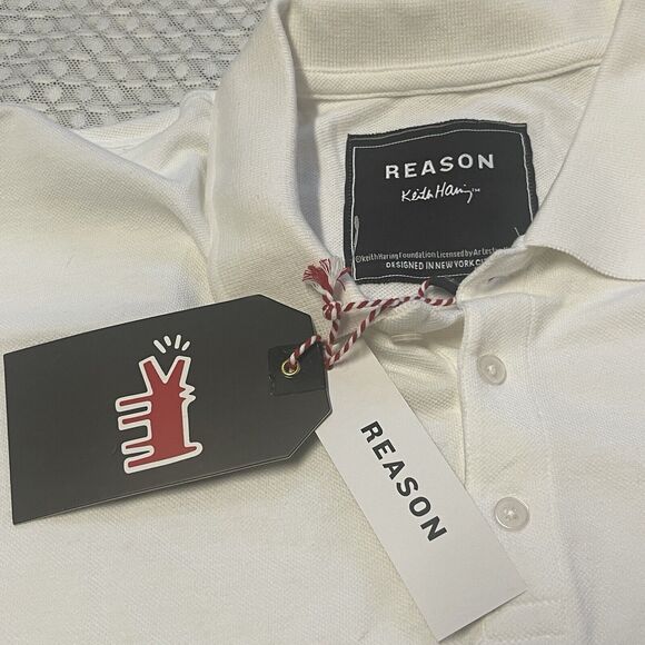 Reason Clothing Keith Haring Embroidered Heart Polo Shirt White Men Lrg New Tag - Picture 8 of 11